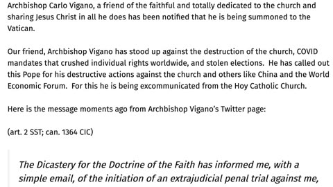 Breaking News – ArchArchbishop Carlo Maria Vigano has been summoned to the Vatican