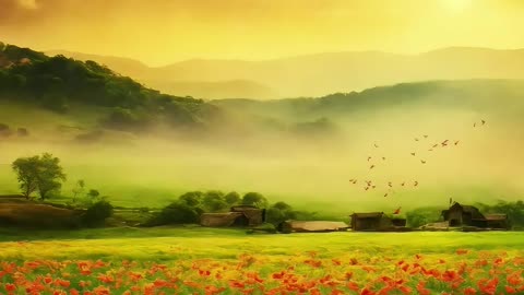 A stunning landscape filled with vibrant flowers under a warm sunset