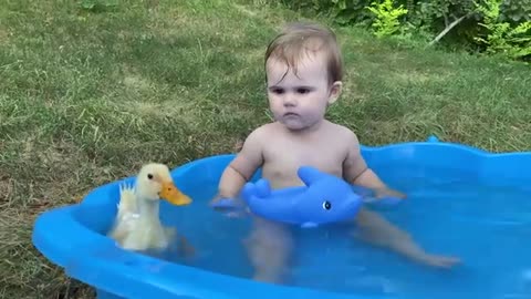 Funny Baby Reaction to Duckling in the Pool