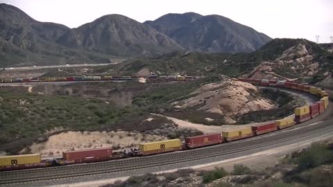 Over 2 mile long BNSF Stacktrain climbing Cajon Pass, 3x2x2- Full Length Video