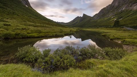 mountains mirroring in the river