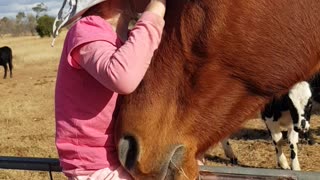 3-year-old Girl Is Singing Softly To Horse