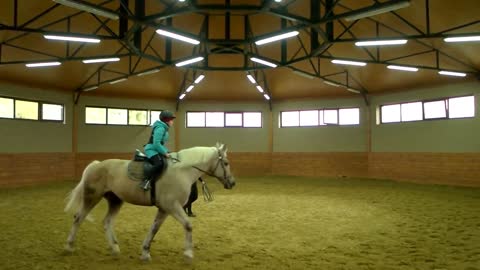 Slow motion kid riding horse indoor