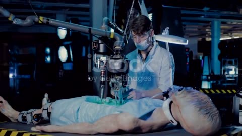 Young scientist does an autopsy of a space alien in a laboratory.