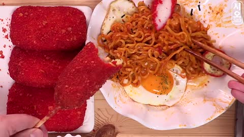 ASMR MUKBANG Pastel de arroz con cheetos, fideos de queso fuego, hash brown, hot dog