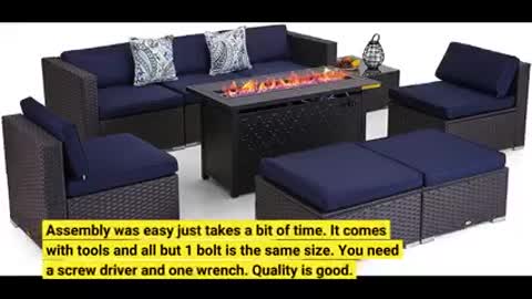 PHI VILLA Patio Furniture Set 9 Pieces Outdoor Sectional Rattan Sofa Set with Gas Fire Pit Table