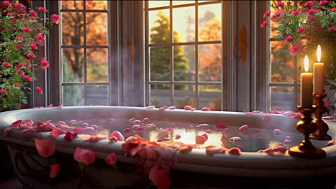 Relaxing in a Bathtub with Rain View: Candlelit Ambiance and Piano Melody