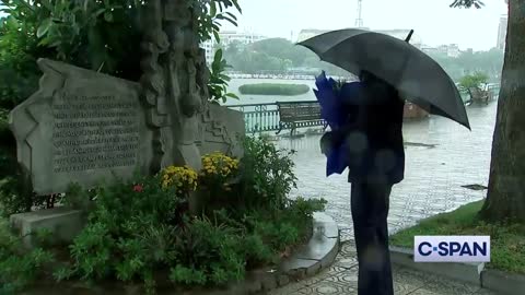 Kamala Harris lays flowers in Hanoi where John McCain’s Skyhawk dive bomber was shot down