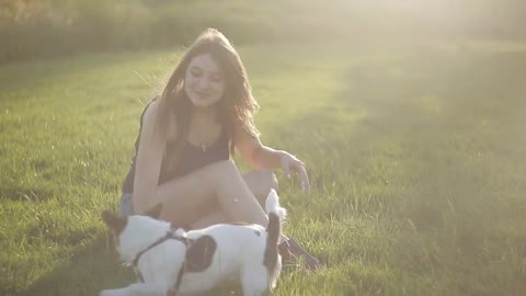 Young girl playing with white dog in the park, playful, sun rays