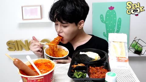 MUKBANG EATING CHEESY CARBO FIRE NOODLE, MOZZARELLA CHEESE STICKS