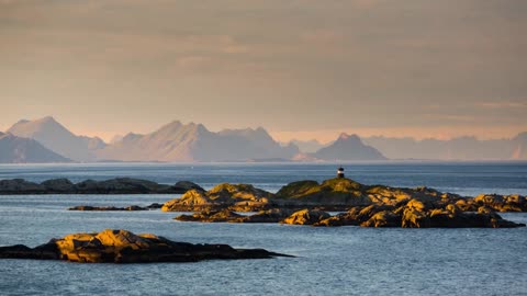 establishing shot of the lofoten archipelago near the fishing town of reine norway