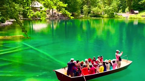 Lake view with crystal clear water at--Lake Blausee---