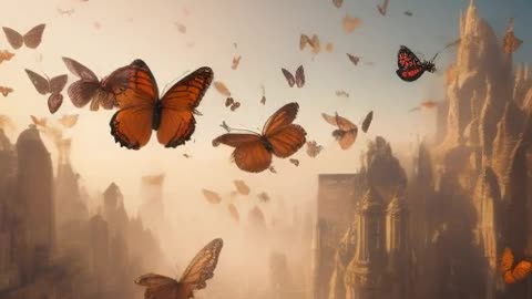 Dreamscape of butterflies flying through the city.mp4