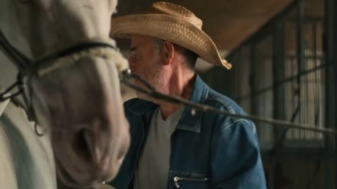 Rack focus of elderly male in hat cleaning coat of white horse while working in barn on farm