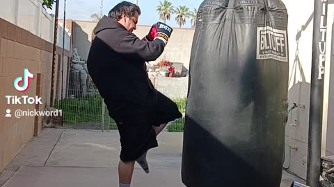 500Lb Punching Bag Workout Part 20. Practicing Thai Kicks & Knees!