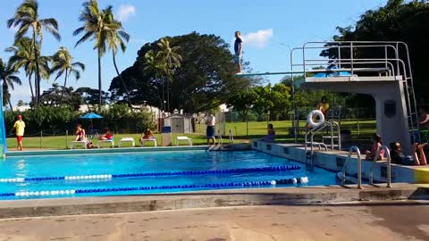 Nervous kid diving board bellyflop