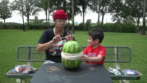 WATERMELON vs 500 RUBBER BANDS!! **funny challenge w/ lil brother**