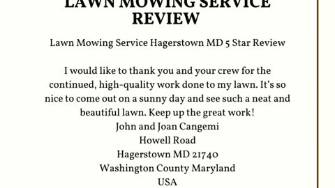 Lawn Mowing Service 5 Star Review Video Hagerstown MD