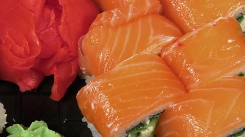 Fresh salmon sushi close up