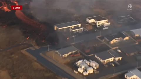 Aerial Video of the lava entering Grindavik, Iceland