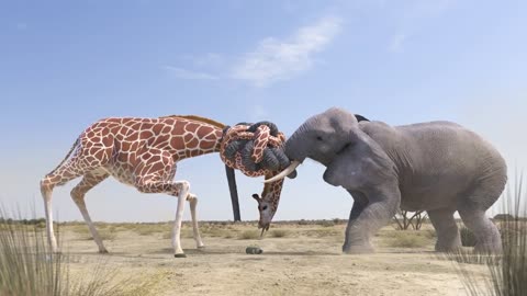 Elephant vs Giraffe Water Fight