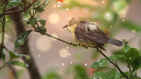 A bird standing on a tree branch in the rain