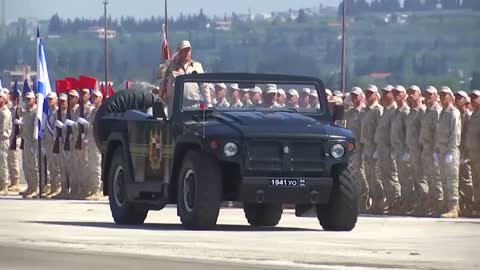 Russian Khmeimim Air Base in Syria.Military parade for the 77th anniversary of the Great Victory