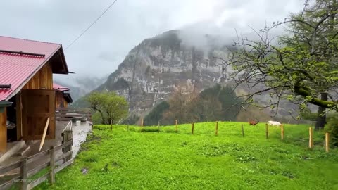 Rainy day in a swiss village, paradise on earth