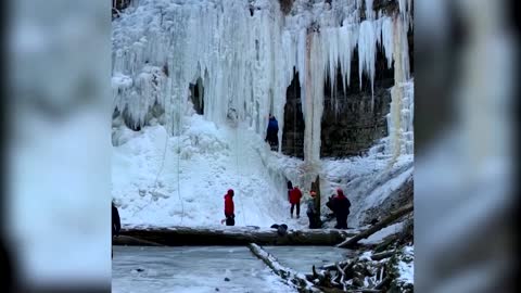 Waterfalls freeze, snow piles up in Canada