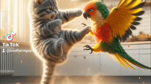 Cat and bird fighting