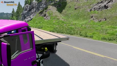 Flatbed Trailer Mcqueen Cars Transport with Slide Color - Car vs Speed Bump vs Deep Water - BeamNG