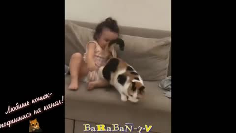 Beautiful Girl And Nice Cat Playing,