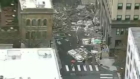 Bird's-eye view of explosion incident that occurred at Sandman hotel in downtown Fort Worth, Texas