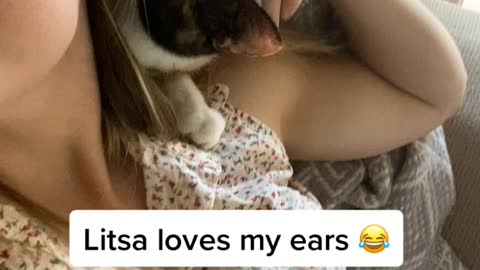 Kitty cleans owners ears!