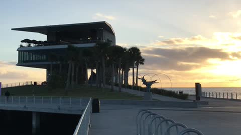 Silhouette view of the new Saint Petersburg pier during sunrise