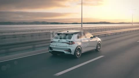 Self driving autonomous electric car driving along a bridge