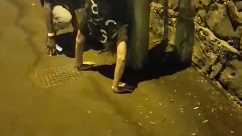 Guy handstand on pole tries to get off but falls over palm trees in background