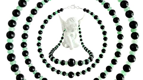 Mens Black Onyx mirror Black Onyx with Green Prehnite Beaded Necklace full strand 16inch