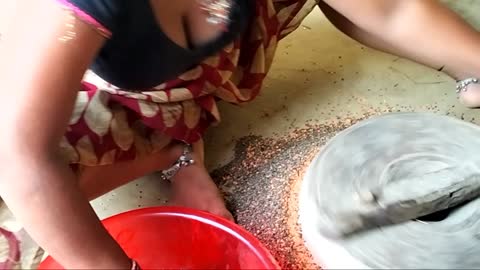 Indian women Grinding pulses in his house.