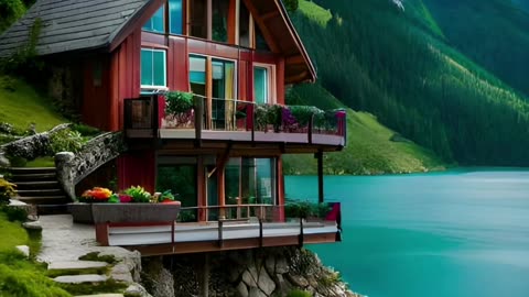 A beautiful house near river in green landscape