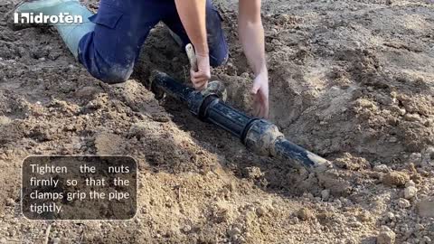 How to repair a broken pipe line with the long straight repair union fitting of Hidroten.