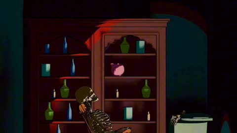 3d animation of a room with a skeleton.