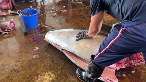 Amazing bluefin tuna cutting skills.It involves sharp knives.