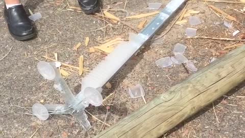 Shorts kid knocks ice of metal pole with casio keyboard