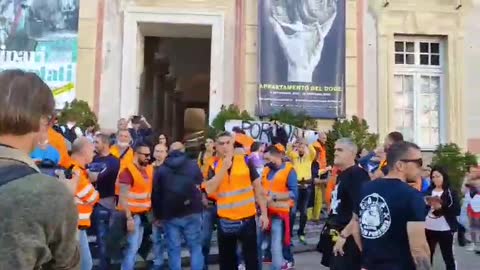 Genoa, Italy: Dock workers and citizens protest vaccine passport mandate Oct. 16, 2021