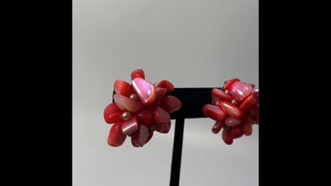 Vintage Redish Pink Faux Stone Bead Cluster Clip On Earrings Japan