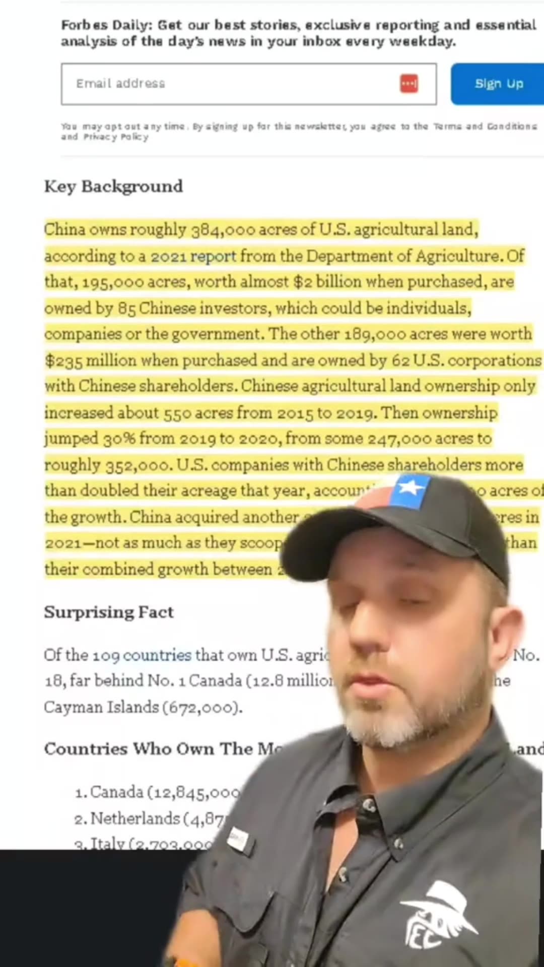 How much land does China own in the US?