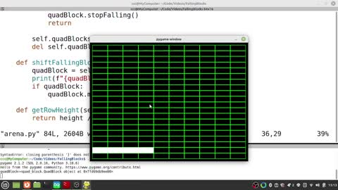 Python Tetris Part 12 (Attempting to Debug Freezing Block on Shifting Bug)