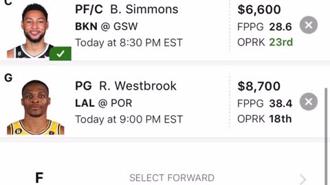 DraftKings Fantasy Lineup - Lakers v. Portland