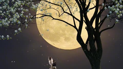 A Beautiful night scene with blossom tree and cat sitting on roof and Big moon behind